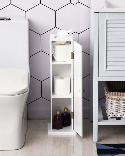 Small Toilet Paper Cabinet with doors and shelves in a bathroom setting, featuring toilet paper and storage bottles.