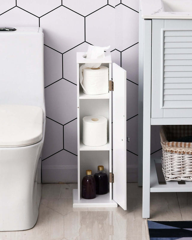 Small Toilet Paper Cabinet with doors and shelves in a bathroom setting, featuring toilet paper and storage bottles.