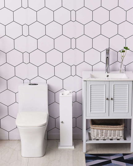 Small Toilet Paper Cabinet in a modern bathroom with hexagon patterned walls and a white toilet.