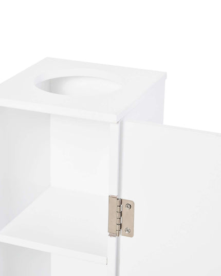 Small Toilet Paper Cabinet mit Türen und Regalen in Weiß, Sicht auf die Oberseite und das Innere.