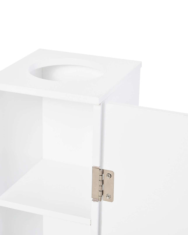 Small Toilet Paper Cabinet mit Türen und Regalen in Weiß, Sicht auf die Oberseite und das Innere.